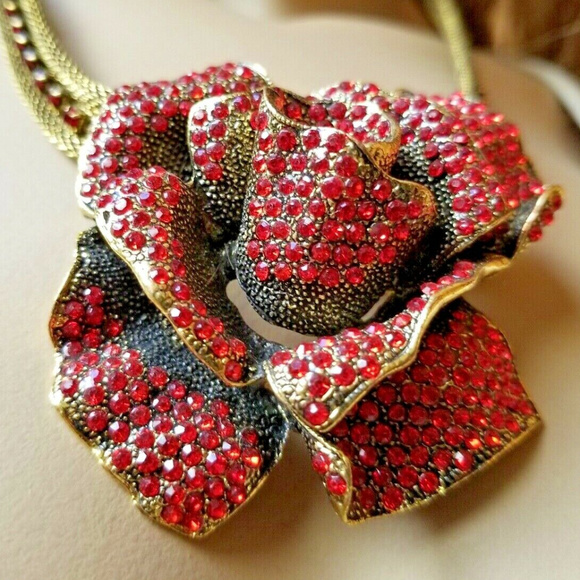 Vintage Jewelry - large red rhinestone pave rose flower necklace